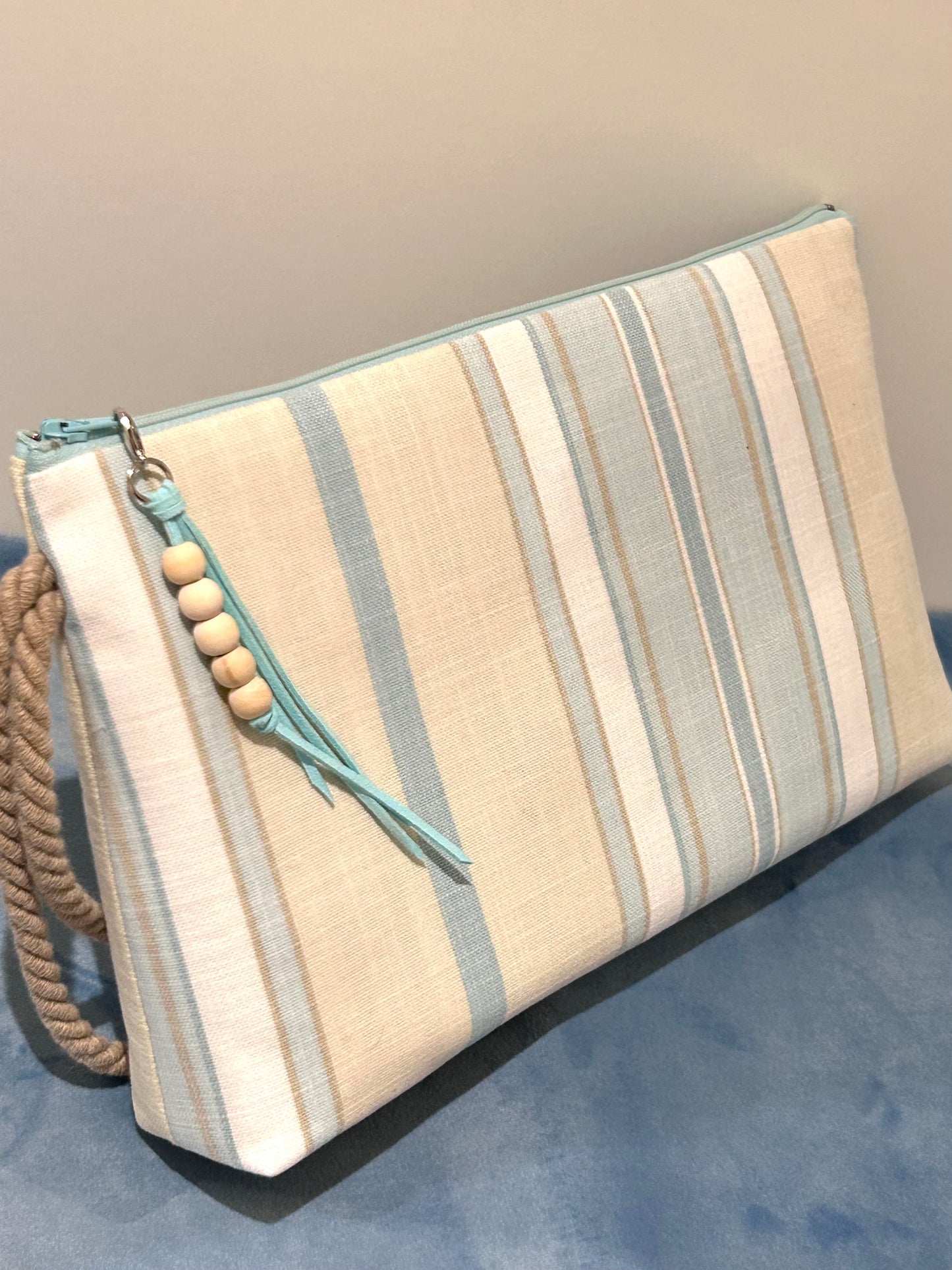 Bolso de Mano Grande DONIBANE Rayas Azul Agua/Beige